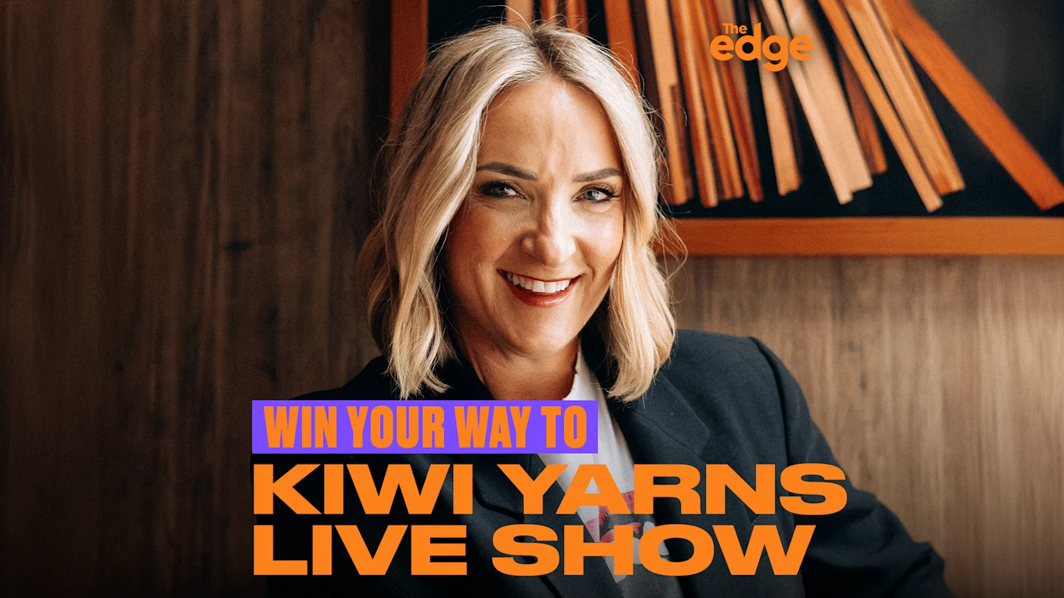 A smiling blonde woman in a blazer, with the text "WIN YOUR WAY TO KIWI YARNS LIVE SHOW" prominently displayed over the image.