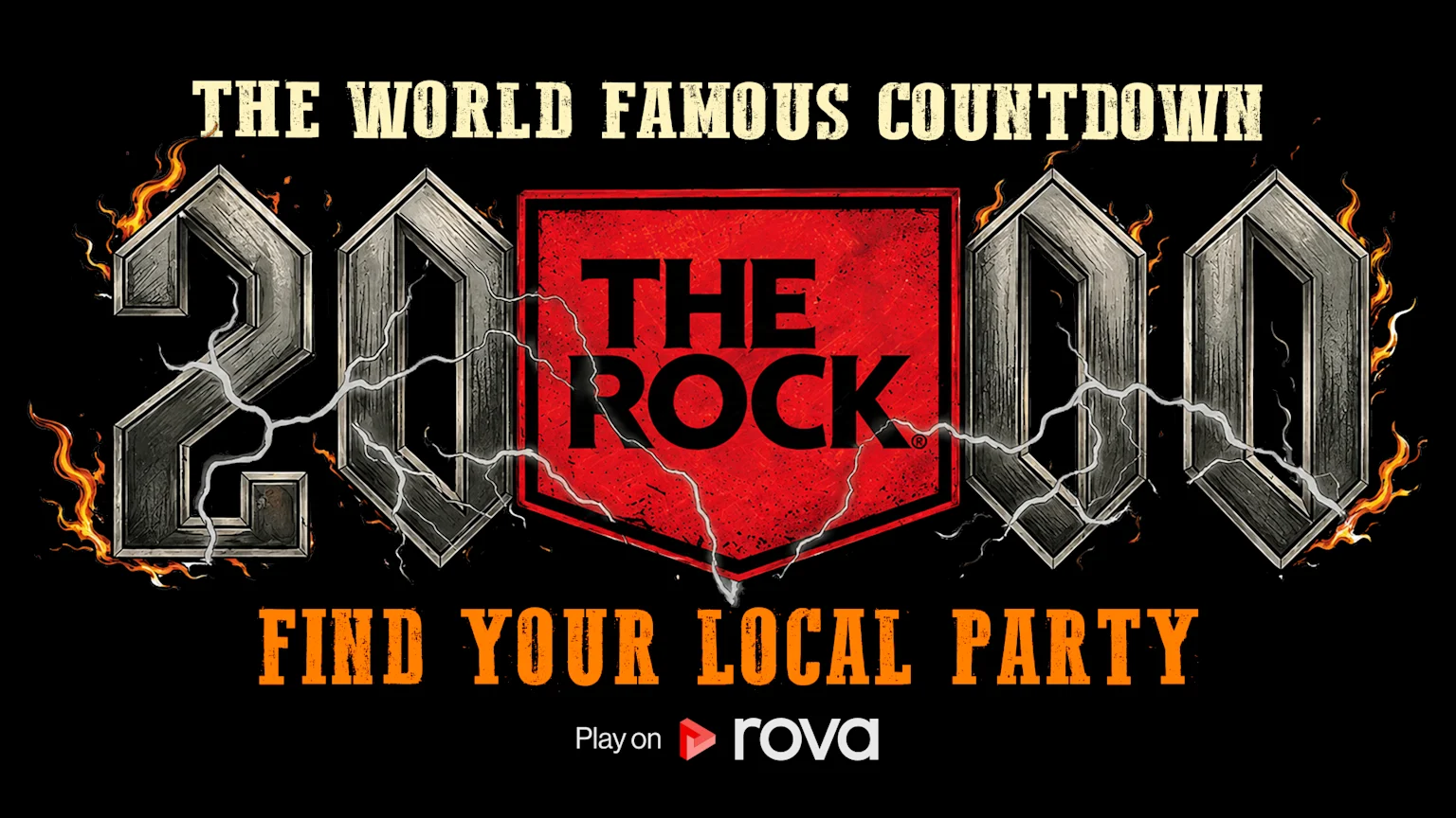 A black banner features heavy metal-style "THE WORLD FAMOUS COUNTDOWN" text, large metallic numbers "2000" with "THE ROCK" in a red shield, fire, lightning, and "FIND YOUR LOCAL PARTY Play on rova."