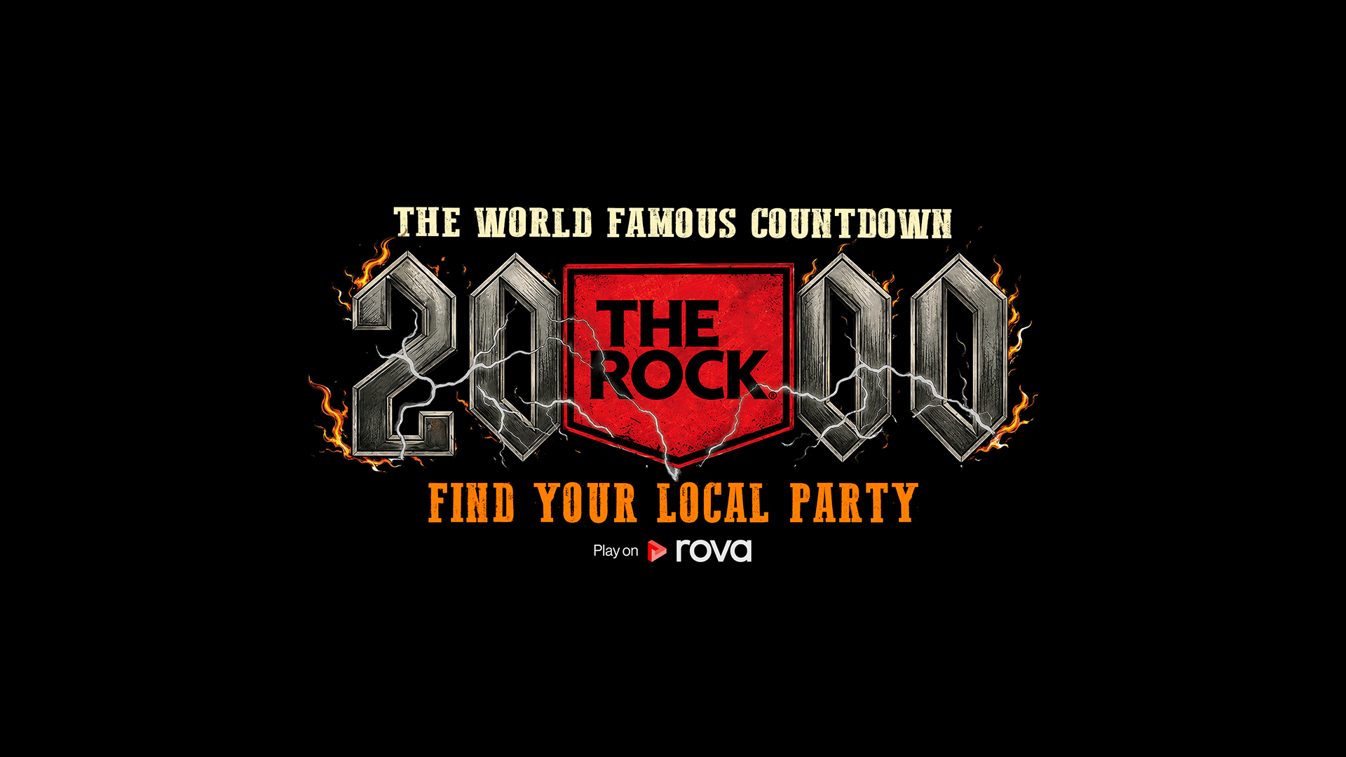 A black banner features heavy metal-style "THE WORLD FAMOUS COUNTDOWN" text, large metallic numbers "2000" with "THE ROCK" in a red shield, fire, lightning, and "FIND YOUR LOCAL PARTY Play on rova."