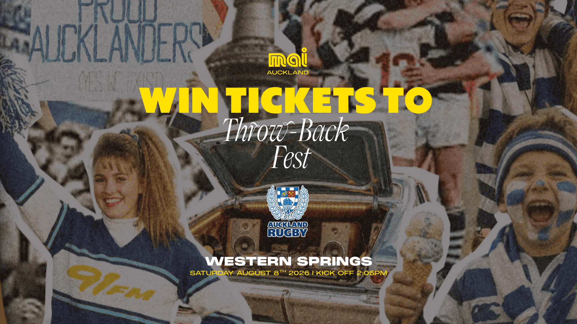 A vintage collage advertises "WIN TICKETS TO Throw-Back Fest" with images of a smiling cheerleader, excited rugby fans, and a car with speakers, alongside event details for Western Springs on August 8, 2026.