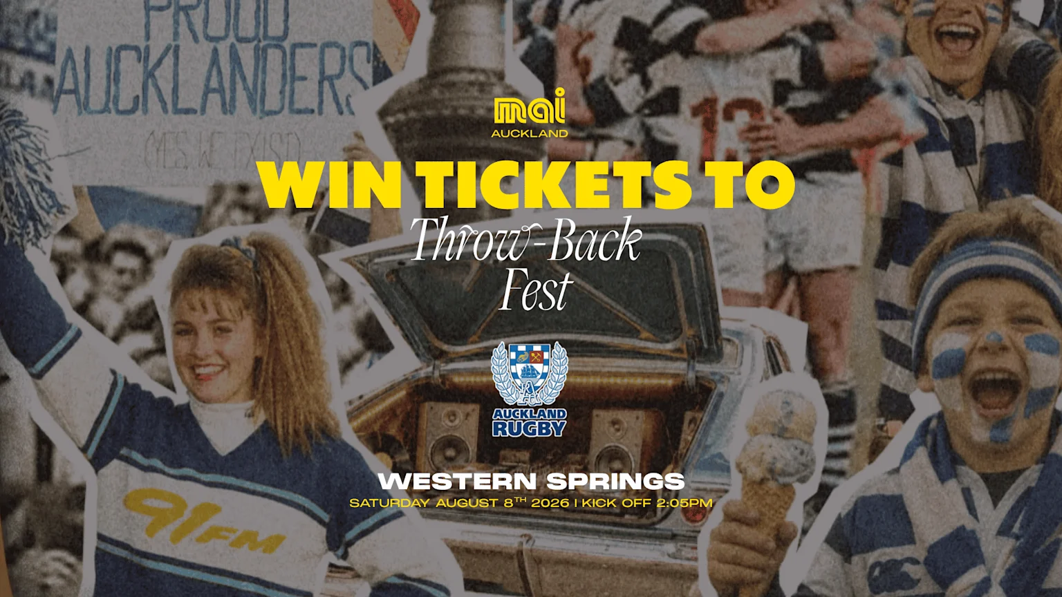A vintage collage advertises "WIN TICKETS TO Throw-Back Fest" with images of a smiling cheerleader, excited rugby fans, and a car with speakers, alongside event details for Western Springs on August 8, 2026.