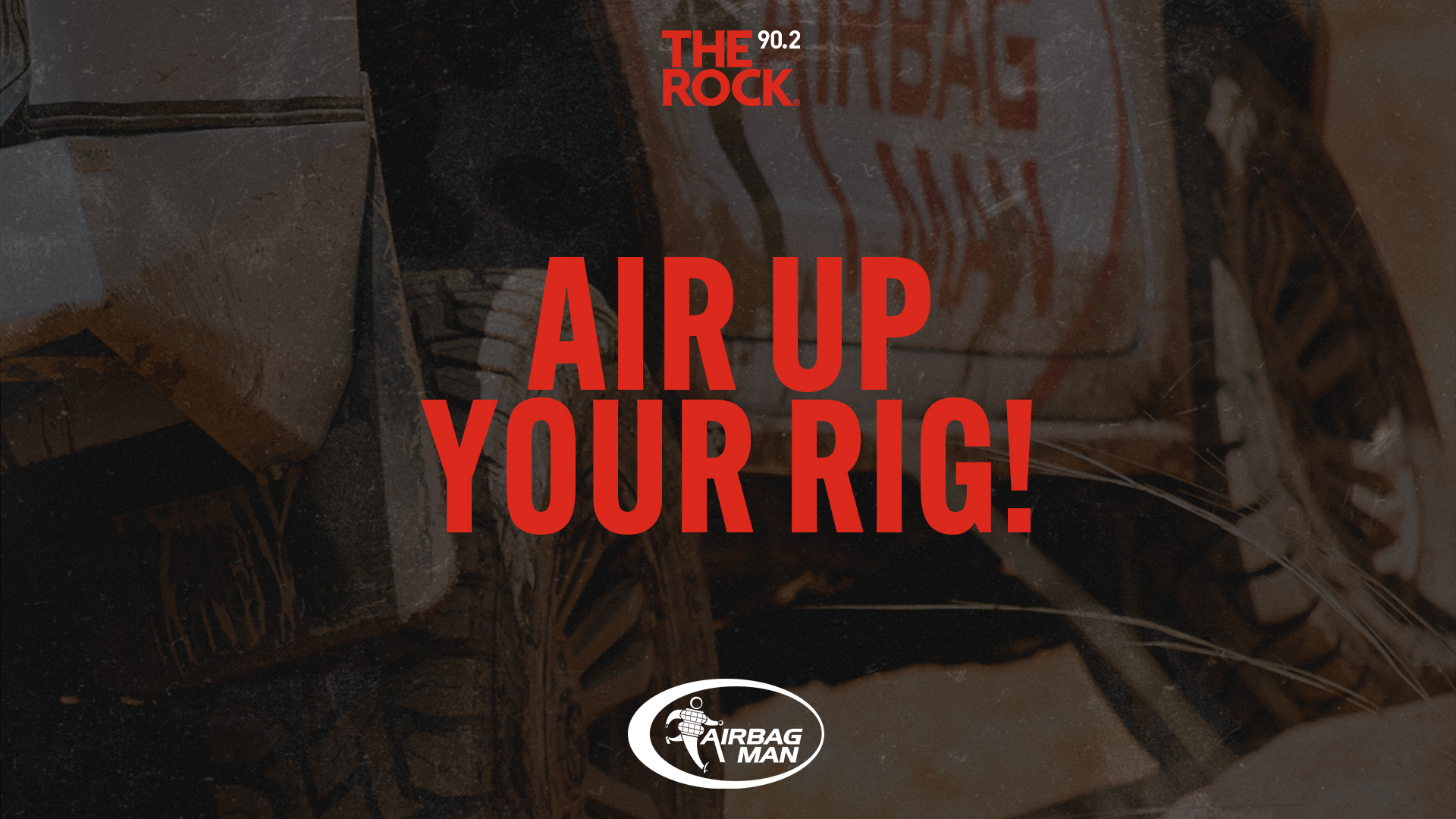 Background image of a car close up, "Air up your rig!" with The Rock Auckland and Airbag Man