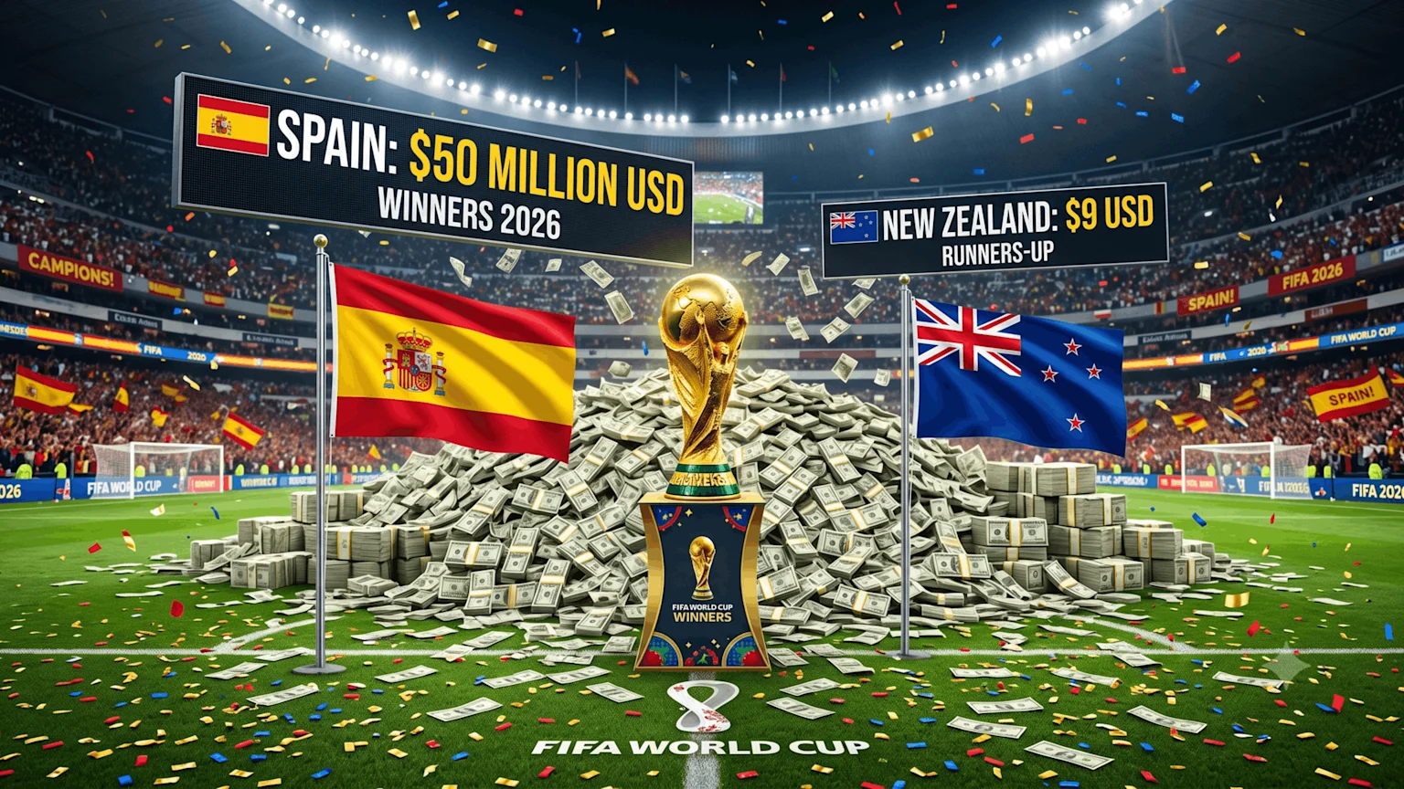 A football stadium with the FIFA World Cup trophy on a money pile, showing Spain's flag with "$50 Million USD Winners 2026" and New Zealand's flag with "$9 USD Runners-Up."