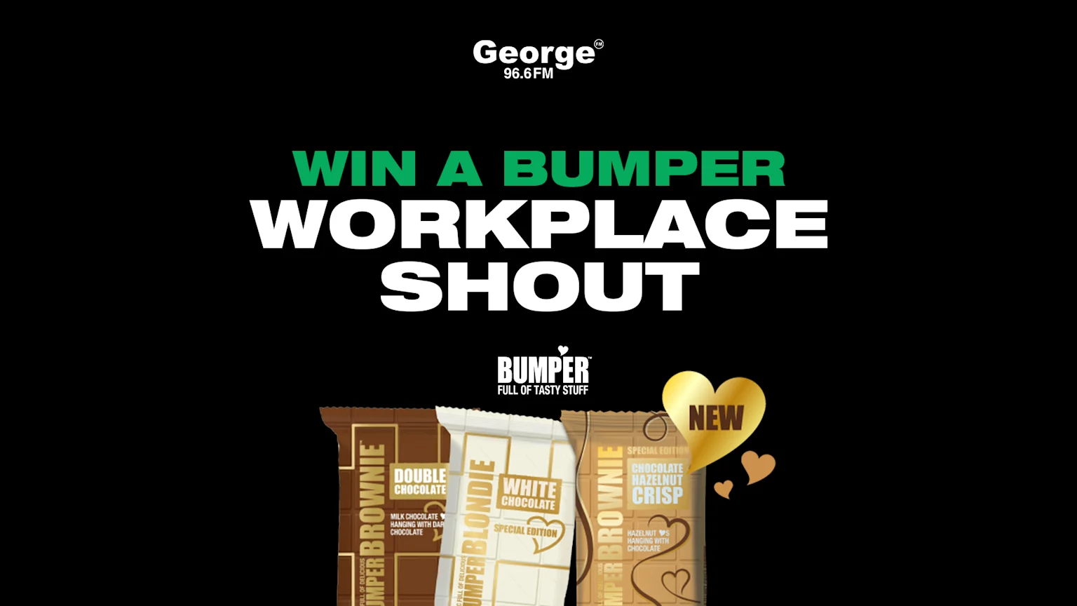 An advertisement from George 96.6 FM announces "WIN A BUMPER WORKPLACE SHOUT," featuring the Bumper brand logo and three Bumper chocolate bars: Double Chocolate, White Chocolate, and a new Chocolate Hazelnut Crisp.
