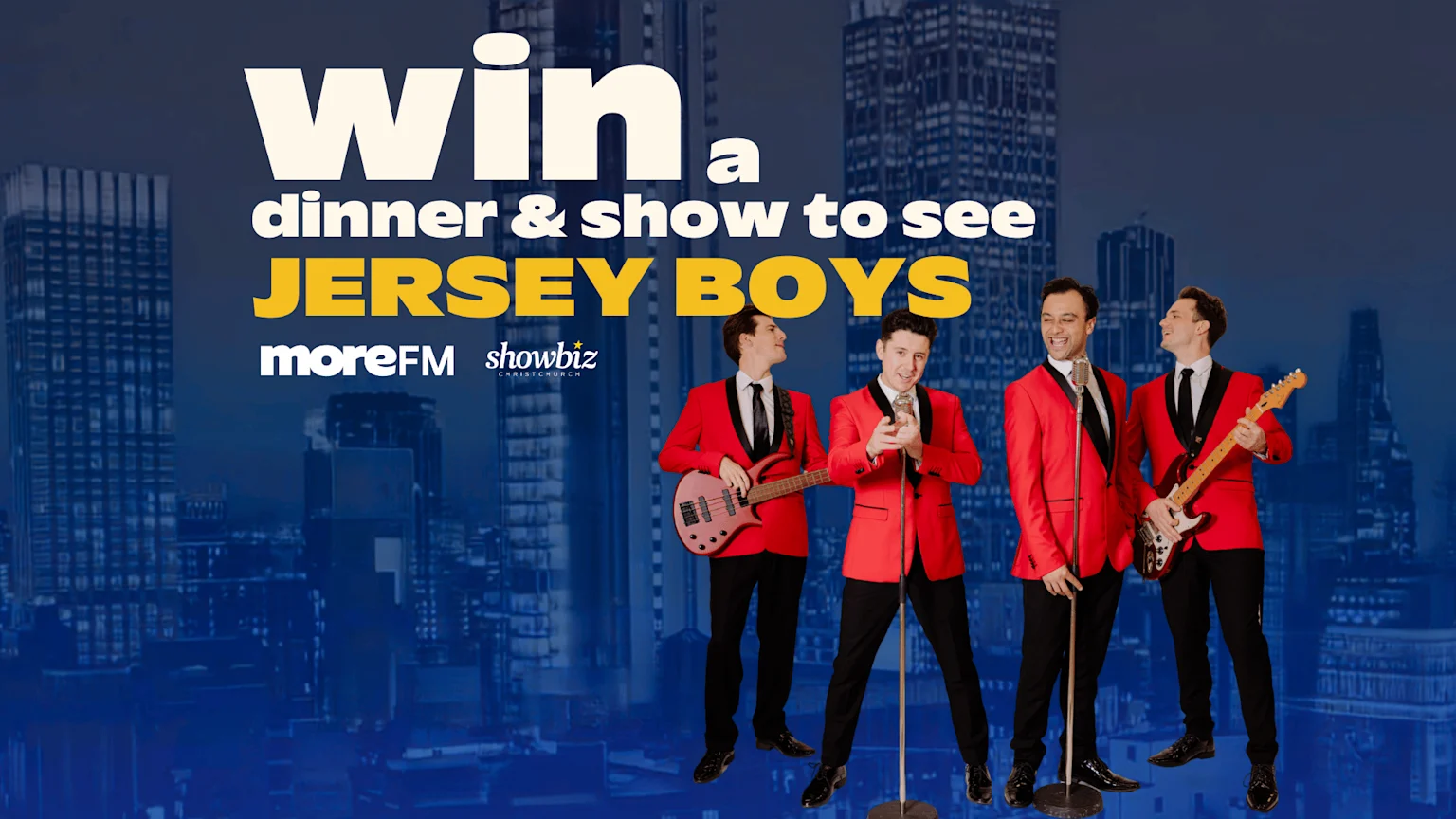 An advertisement for winning a dinner and show to see Jersey Boys, featuring four men in red suits with instruments against a blue city skyline background.