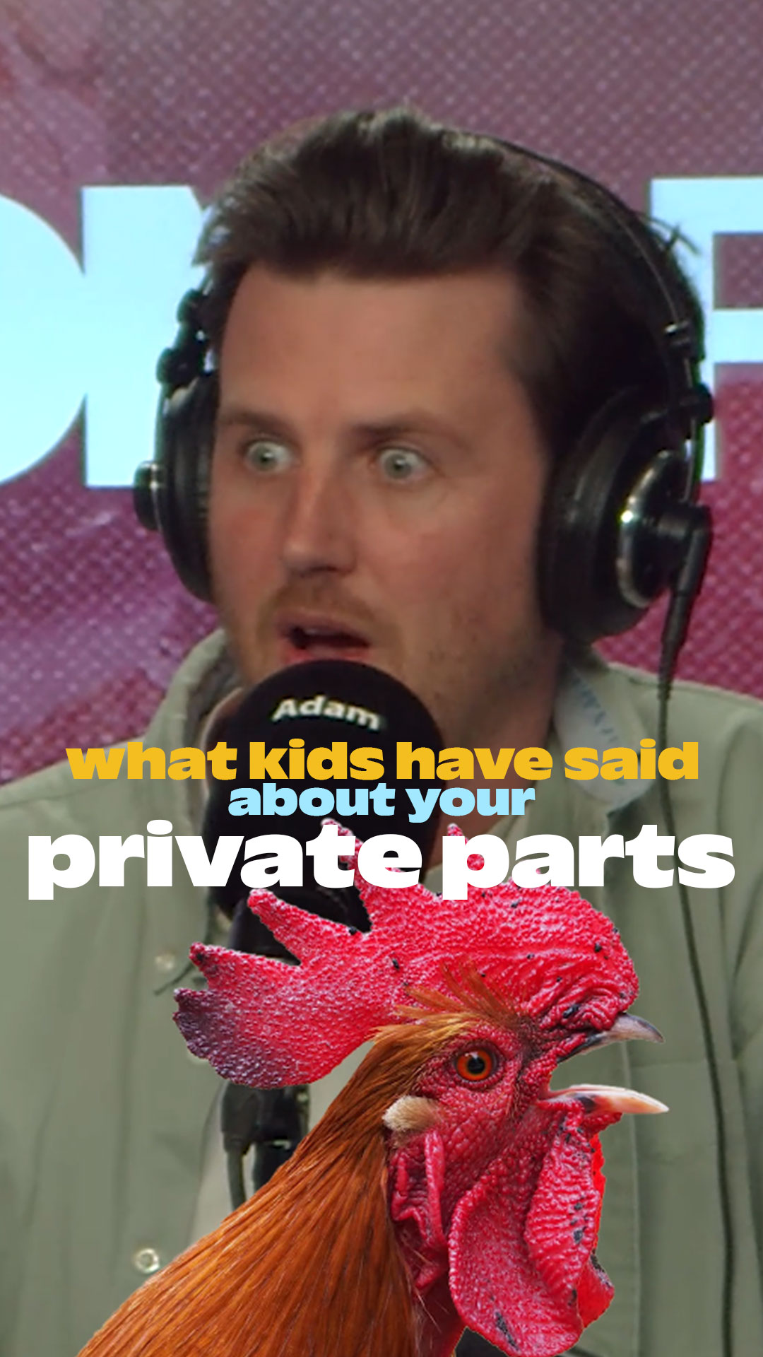 Adam looking shocked with rooster pop up
