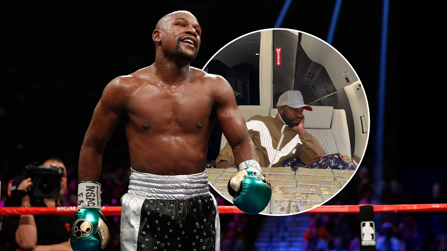 Floyd Mayweather, shirtless and smiling in a boxing ring, is shown alongside an inset of him sitting on a private jet with stacks of cash.