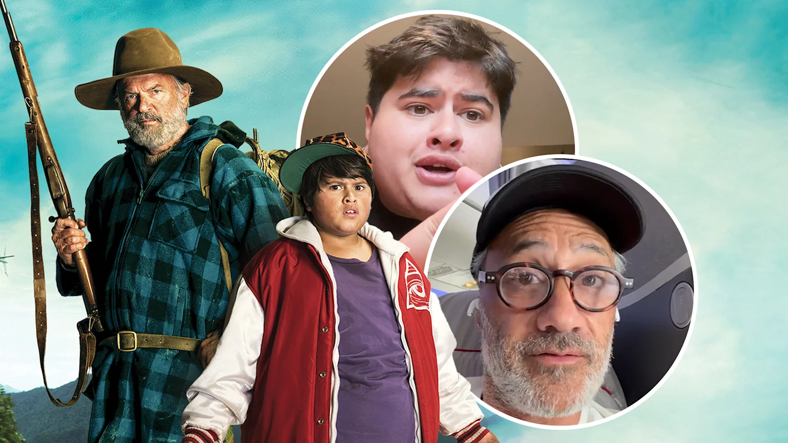 A movie poster for 'Hunt for the Wilderpeople' features Sam Neill holding a rifle and Julian Dennison in a jacket, with a circular overlay of an older Julian Dennison and Director, Taika Waititi.