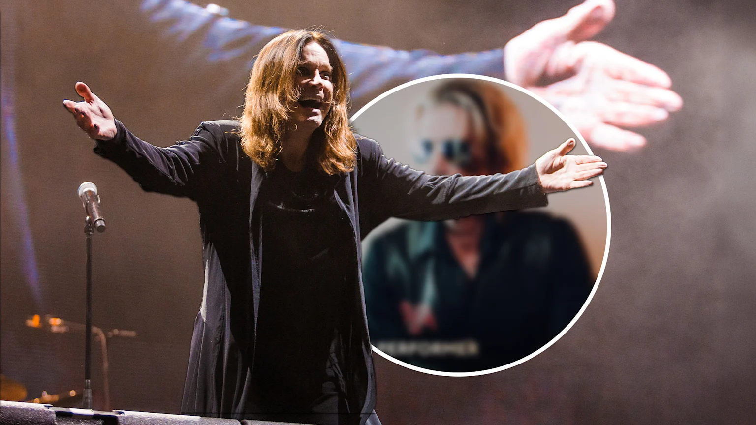 Photo of Ozzy Osbourne standing on stage with his arms out and a smile on his face, with a circle next to him. In the circle is a blurred picture of Duff McKagan.