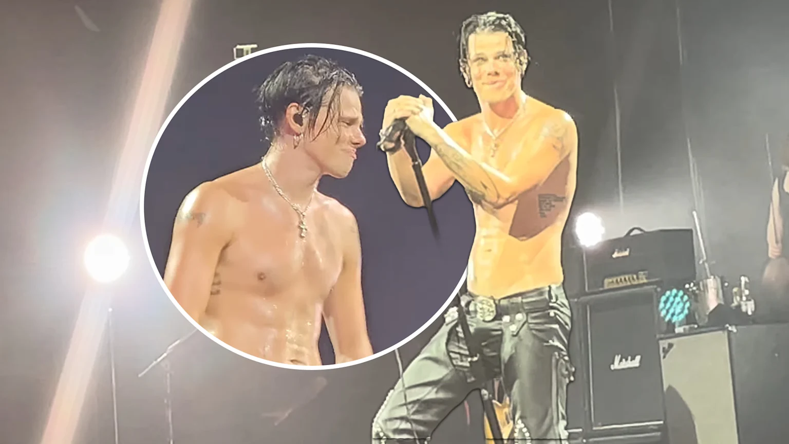 Picture of Yungblud emotional on stage, with another picture of him being emotional in a circle next to his other picture.