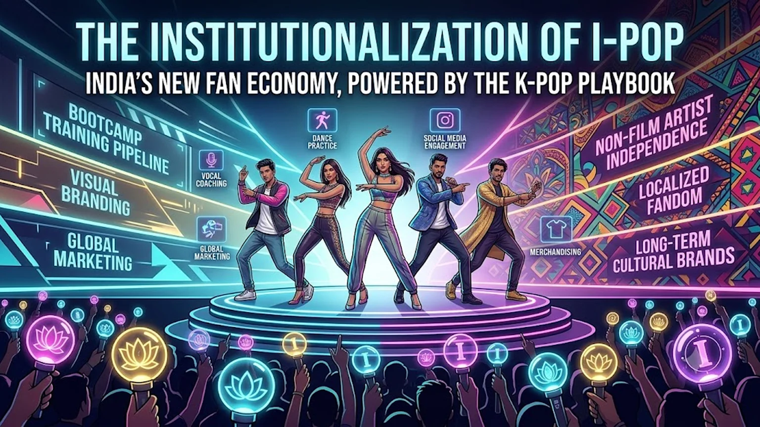 An illustration of five diverse pop artists performing on a stage, with text describing "The Institutionalization of I-POP" and a "K-Pop Playbook" for fan economy, watched by a crowd holding glowing "I" and lotus light sticks.