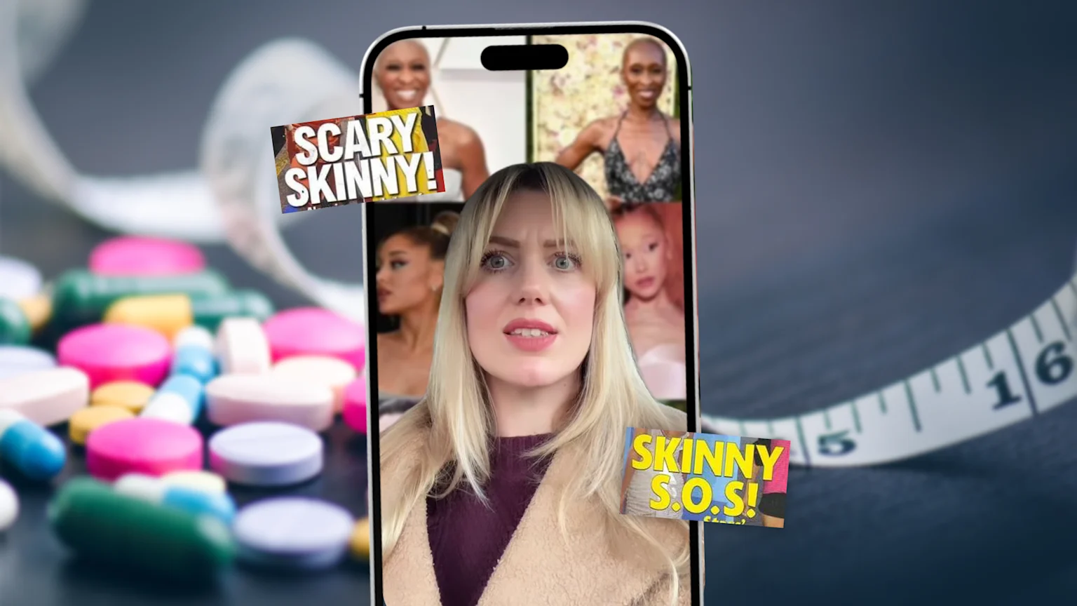 A smartphone displays a woman talking, with celebrity photos and "SCARY SKINNY!" and "SKINNY S.O.S!" texts, set against a blurred background of colorful pills and a measuring tape.