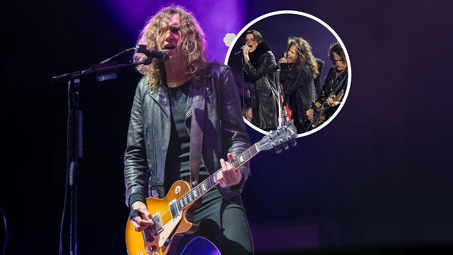 The Darkness' Dan Hawkins on stage, Yungblud and Aerosmith in a small circle behind him