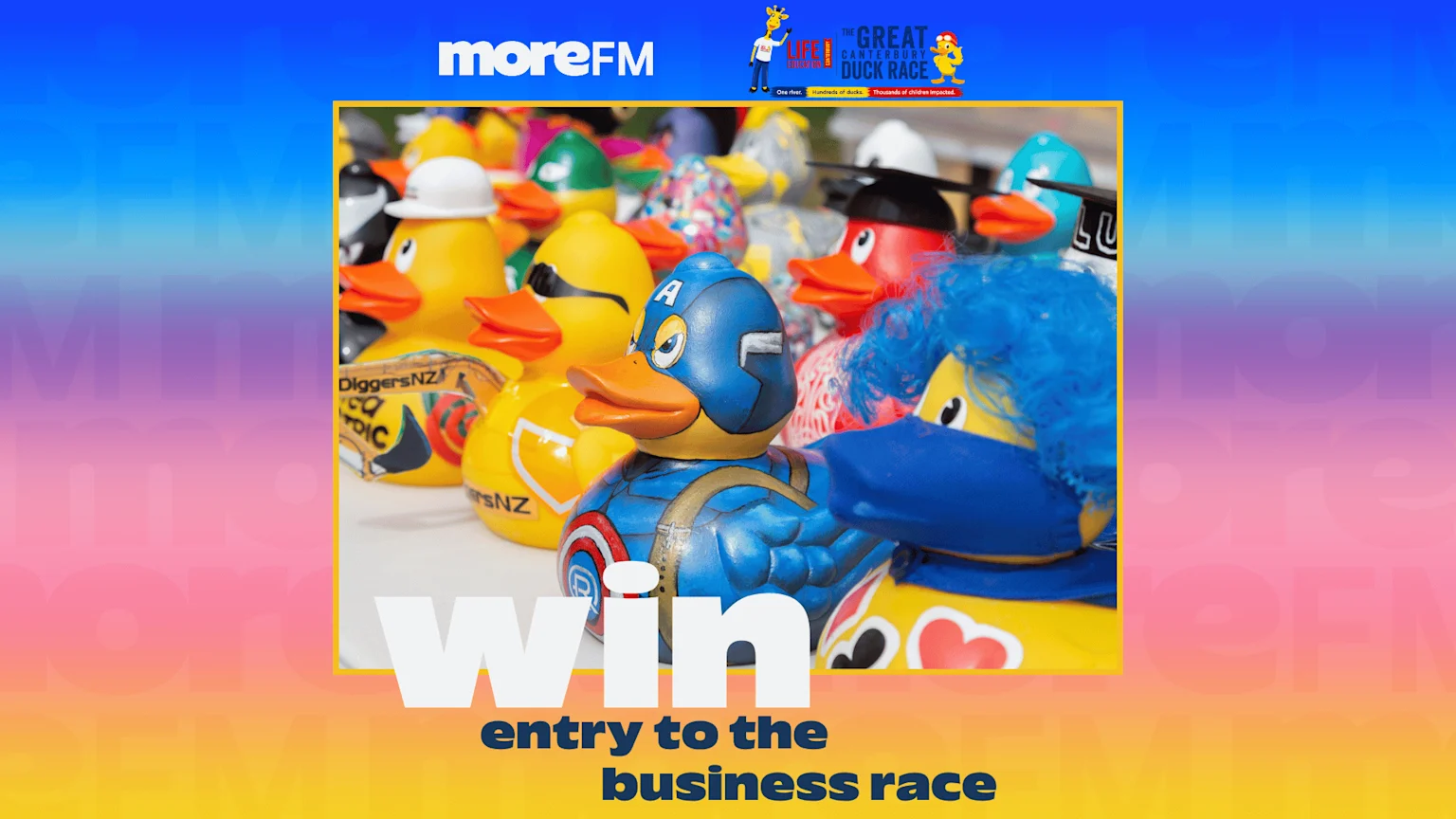 A collection of uniquely decorated rubber ducks, including one resembling Captain America, with More FM and Great Canterbury Duck Race logos visible in the banner and text "Win entry to the business race" at the bottom.