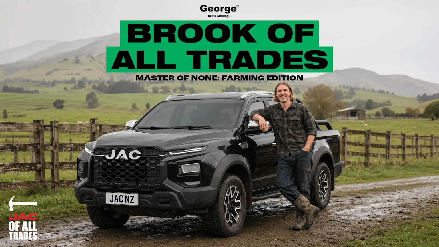 A smiling man in a plaid shirt and muddy boots leans on a black JAC pickup truck on a muddy farm track, with green hills and a wooden fence in the background.
