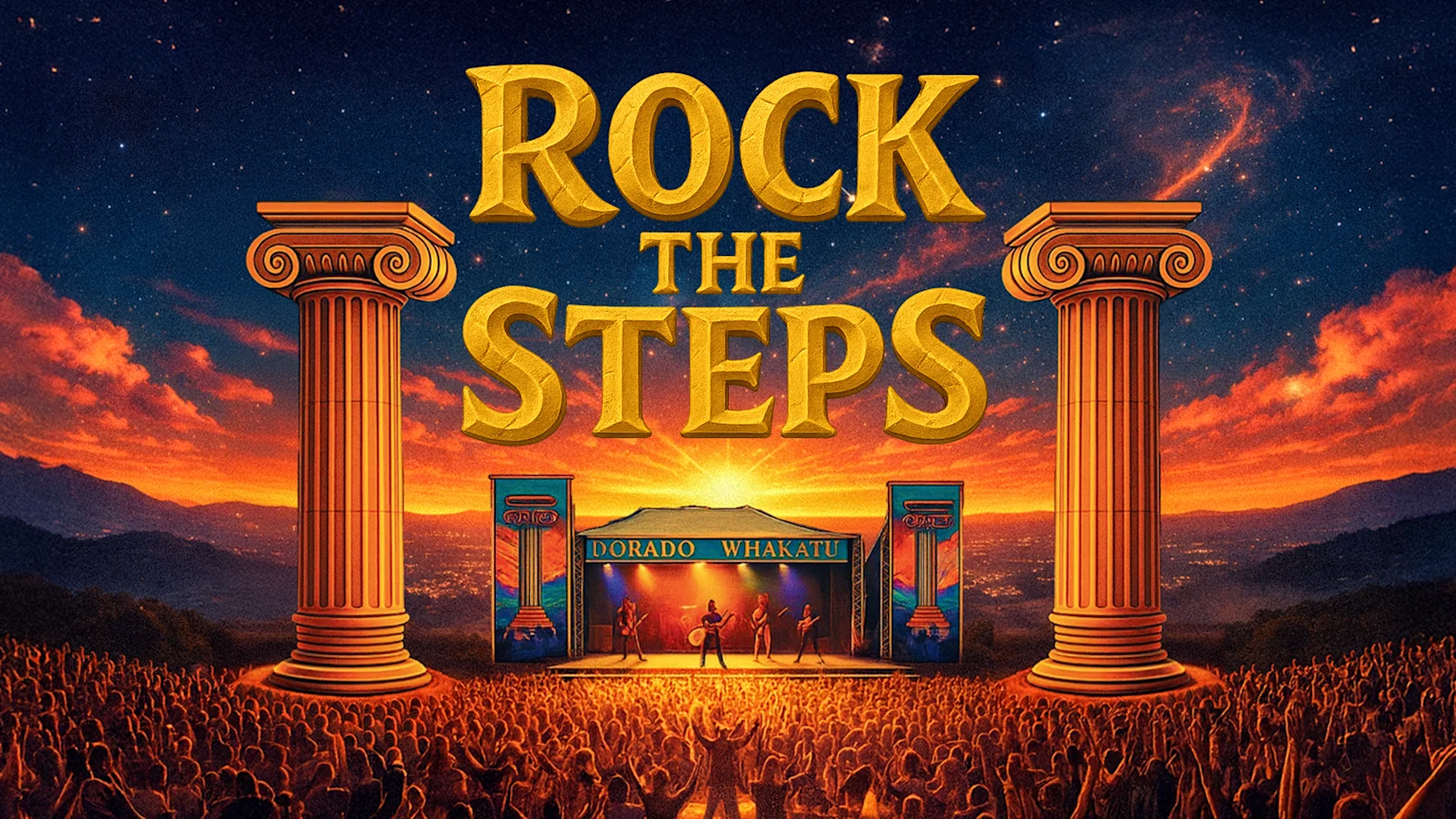 Golden "ROCK THE STEPS" text in a stone-like font overlaid on an aerial view of a hilly landscape with trees, winding roads, and parked vehicles under a warm, golden sunset sky.