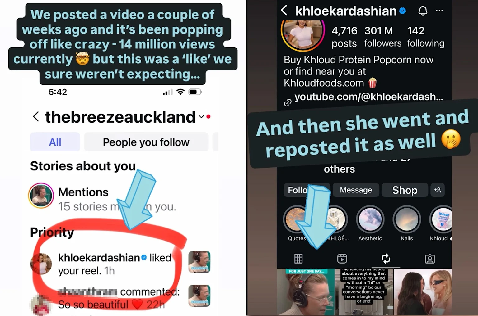 Screenshots of Khloe Kardashian liking and reposting The Breeze Auckland's video on Instagram.