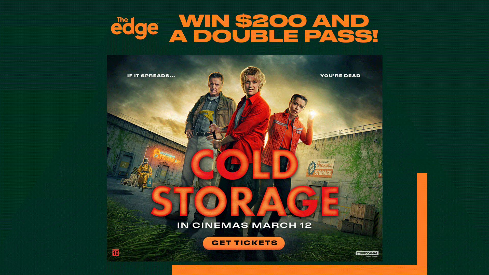 "The Edge" logo and orange text "WIN $200 AND A DOUBLE PASS!" are displayed above a movie poster for "COLD STORAGE" featuring three characters and a storage facility.