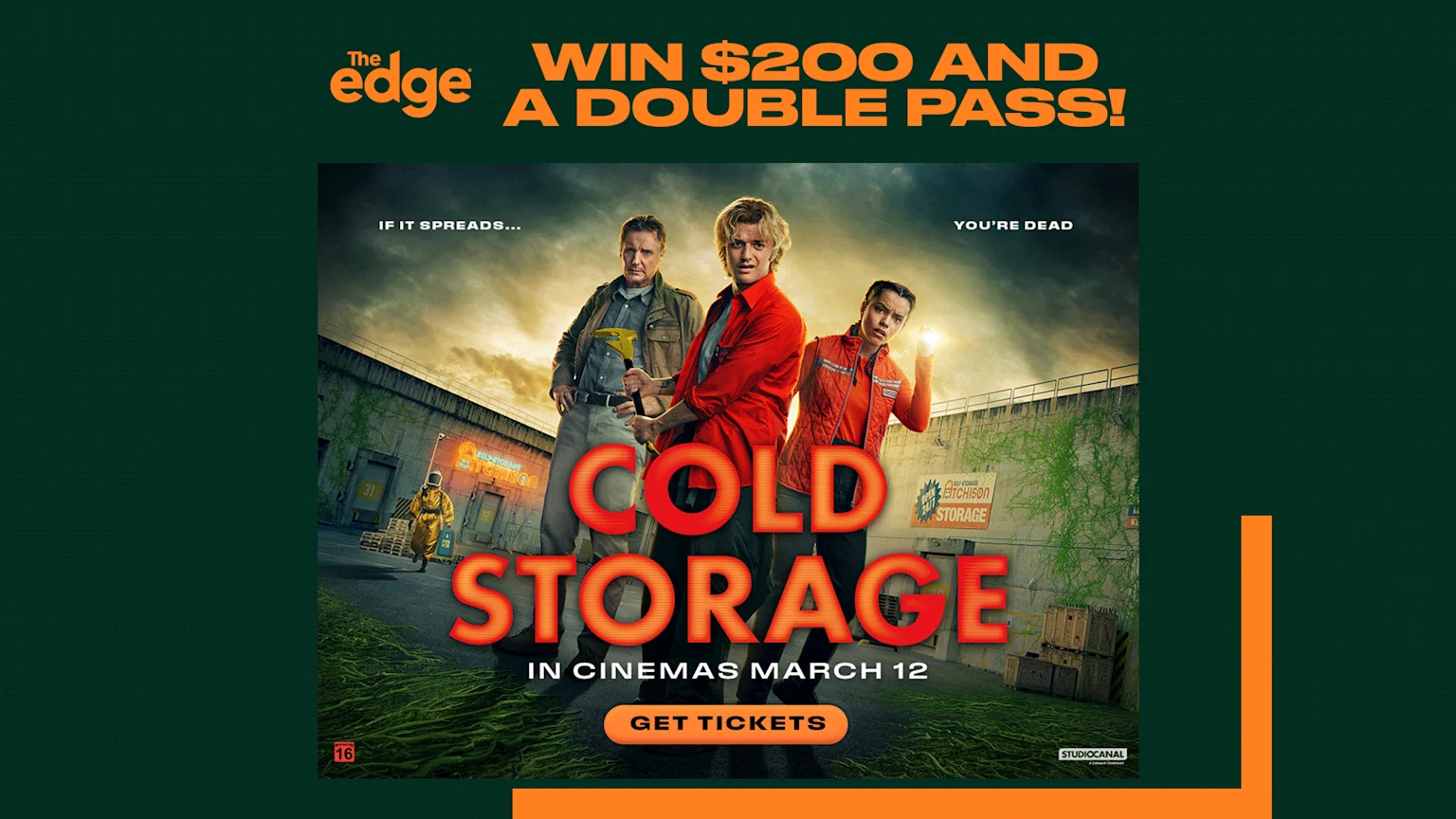 "The Edge" logo and orange text "WIN $200 AND A DOUBLE PASS!" are displayed above a movie poster for "COLD STORAGE" featuring three characters and a storage facility.