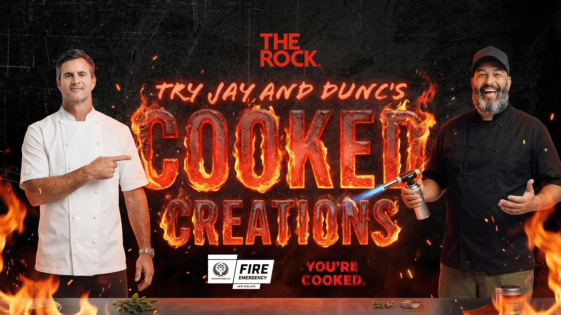 The Rock presents two smiling chefs, Jay and Dunc, surrounded by flames and fiery text "COOKED CREATIONS"; one points, the other holds a blowtorch, with a Fire Emergency NZ logo.