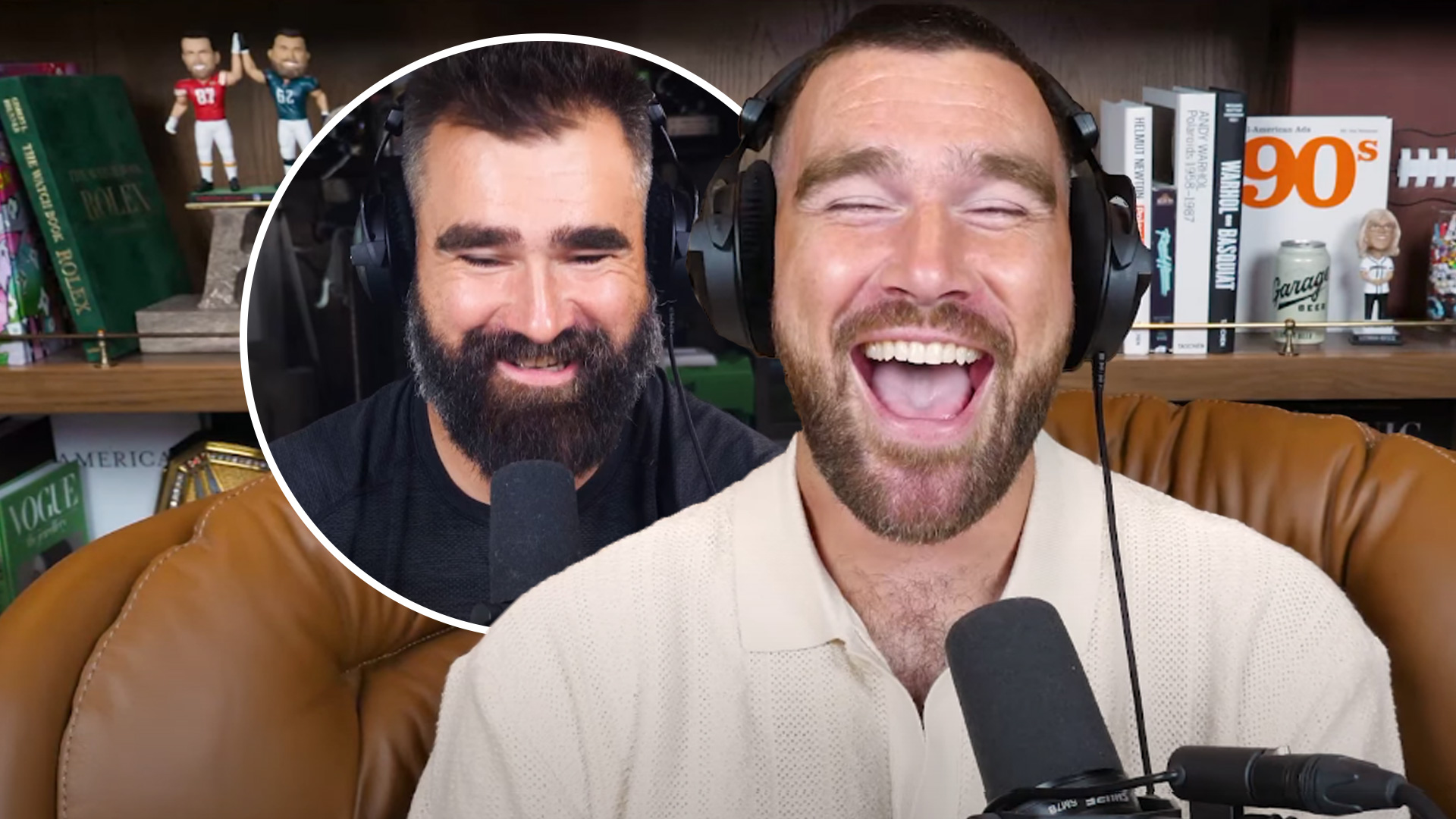 Travis and Jason Kelce on 'New Heights' podcast talking about Taylor Swift's new song 'Wood'.