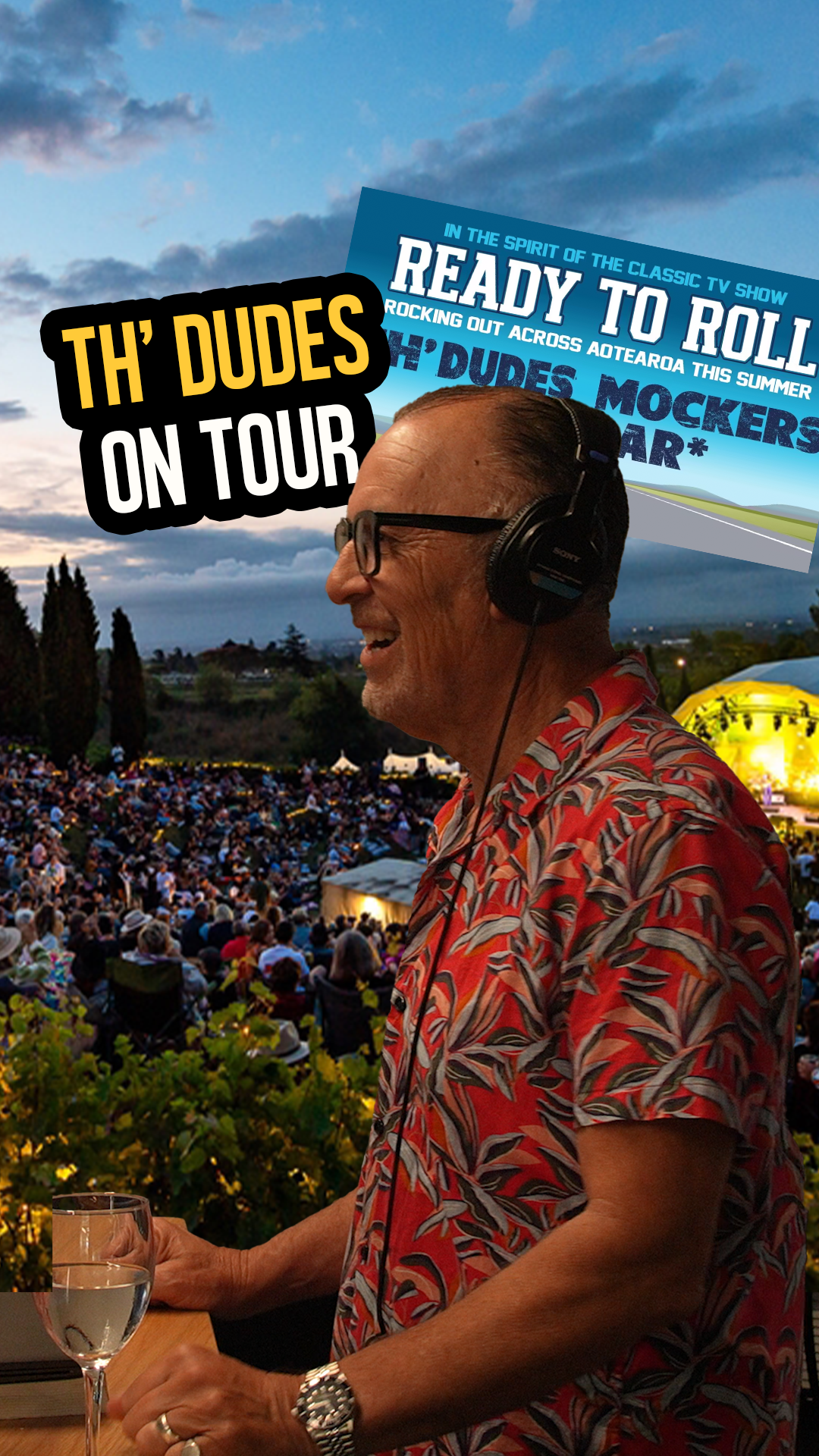 Th' Dudes frontman Peter Urlich side profile smiling with image of Black Barn outdoor event space in the background