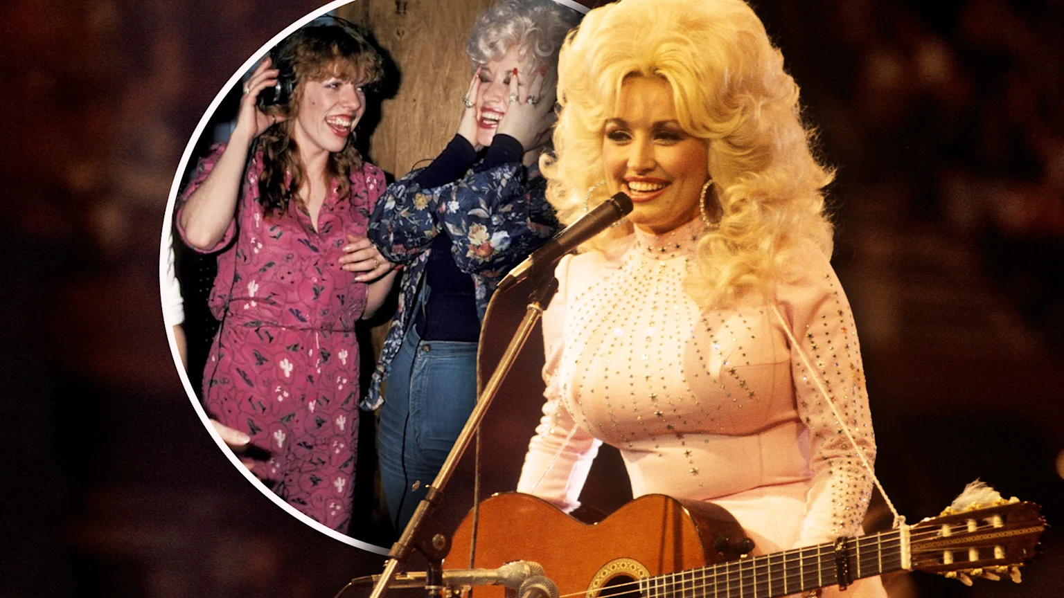 Dolly Parton smiling and playing guitar on stage next to an image of her laughing with her sister