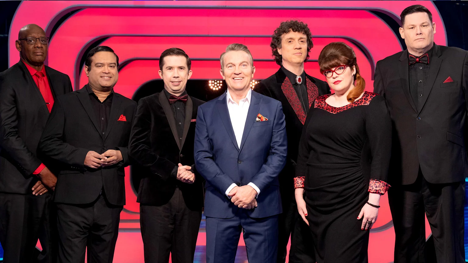 Image of all 'the chasers' alongside host Bradley Walsh from the hit quiz show 'The Chase'