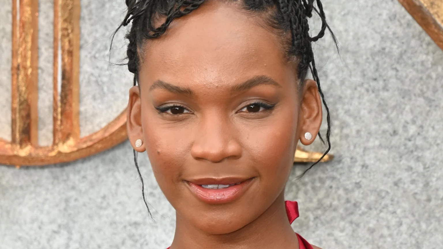 A young Black woman with braided hair, brown eyes, and a soft smile looks at the camera, wearing subtle makeup and small stud earrings against a blurred grey and gold background.