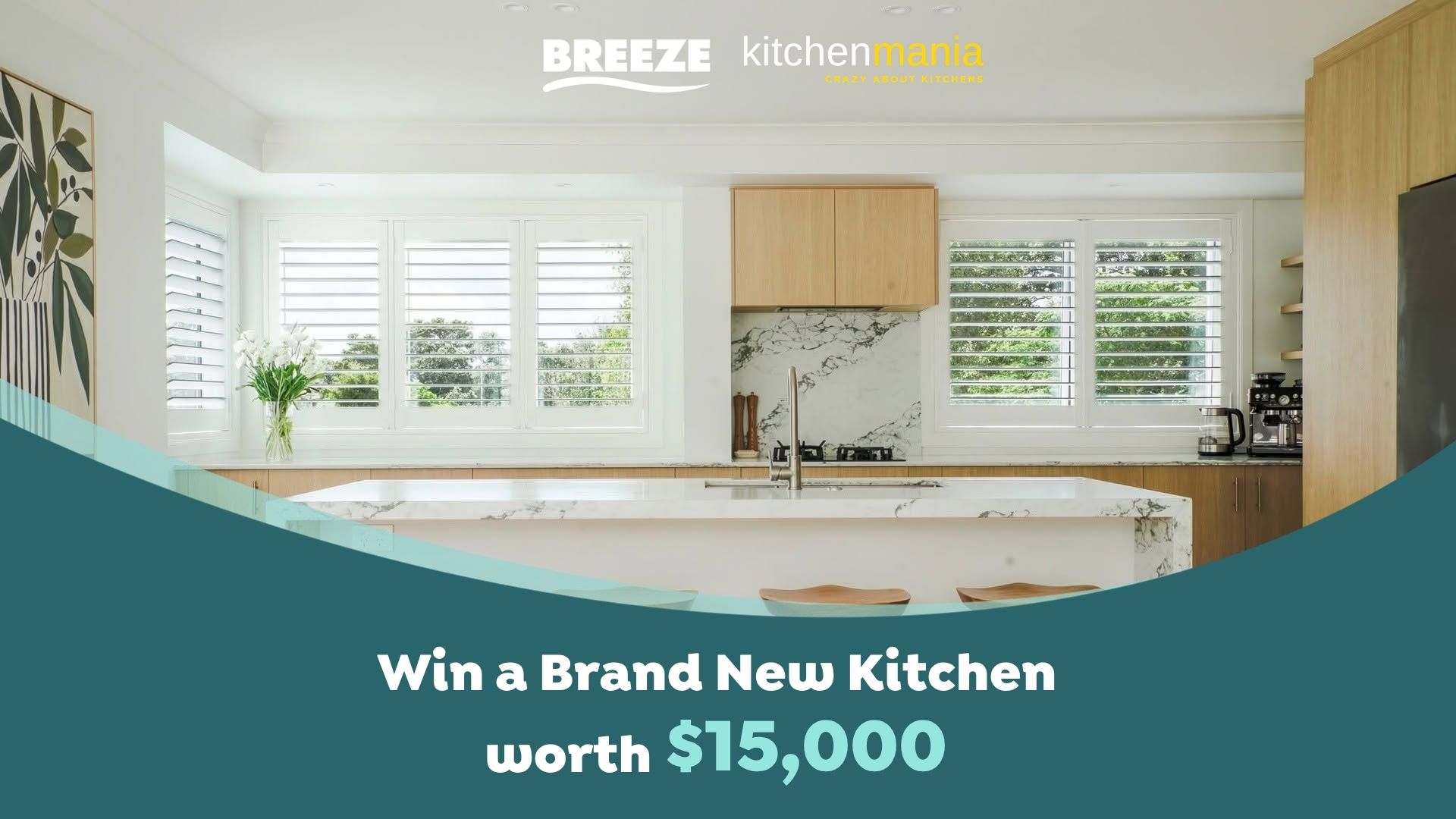 A bright, modern kitchen with white marble countertops, wooden cabinetry, and windows, featuring a "Win a Brand New Kitchen worth $15,000" promotion.