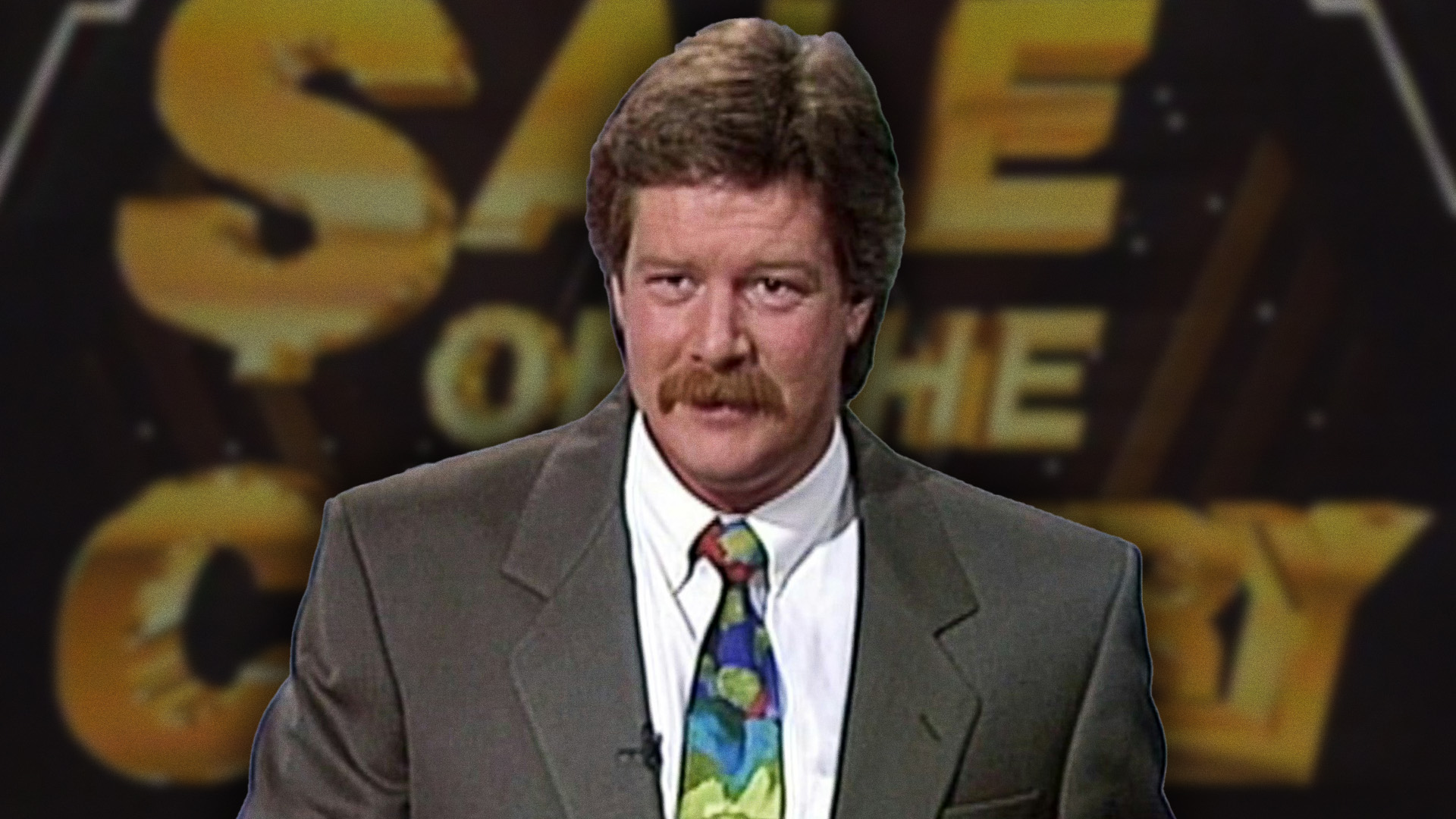 Cut out of Steve Parr in a suit and tie overlayed on image of Sale of the Century graphic