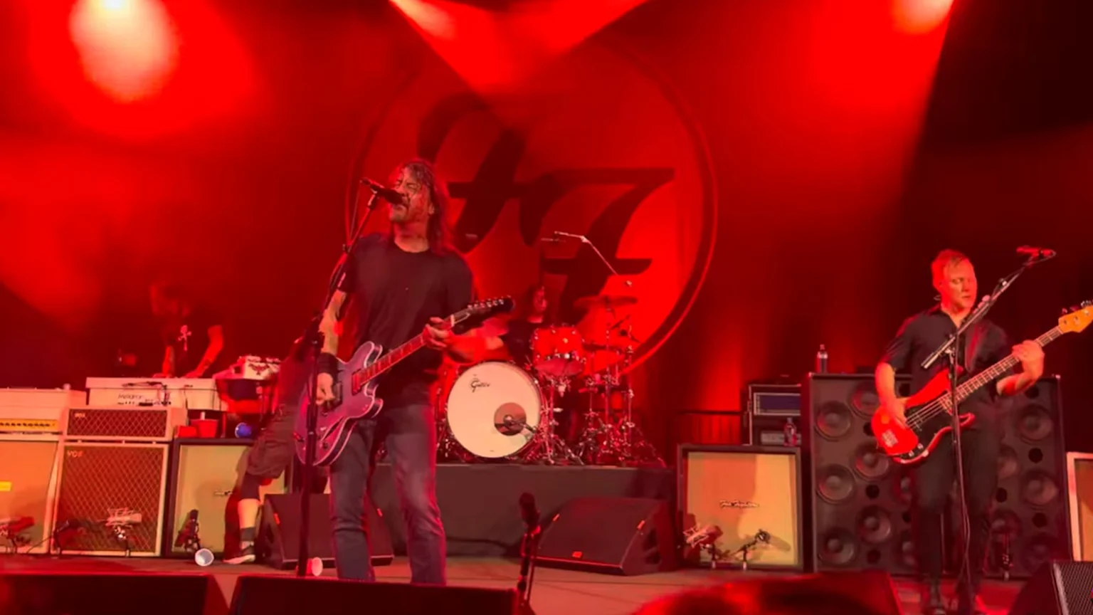 Foo Fighters onstage with their new drummer, Ilan Rubin.