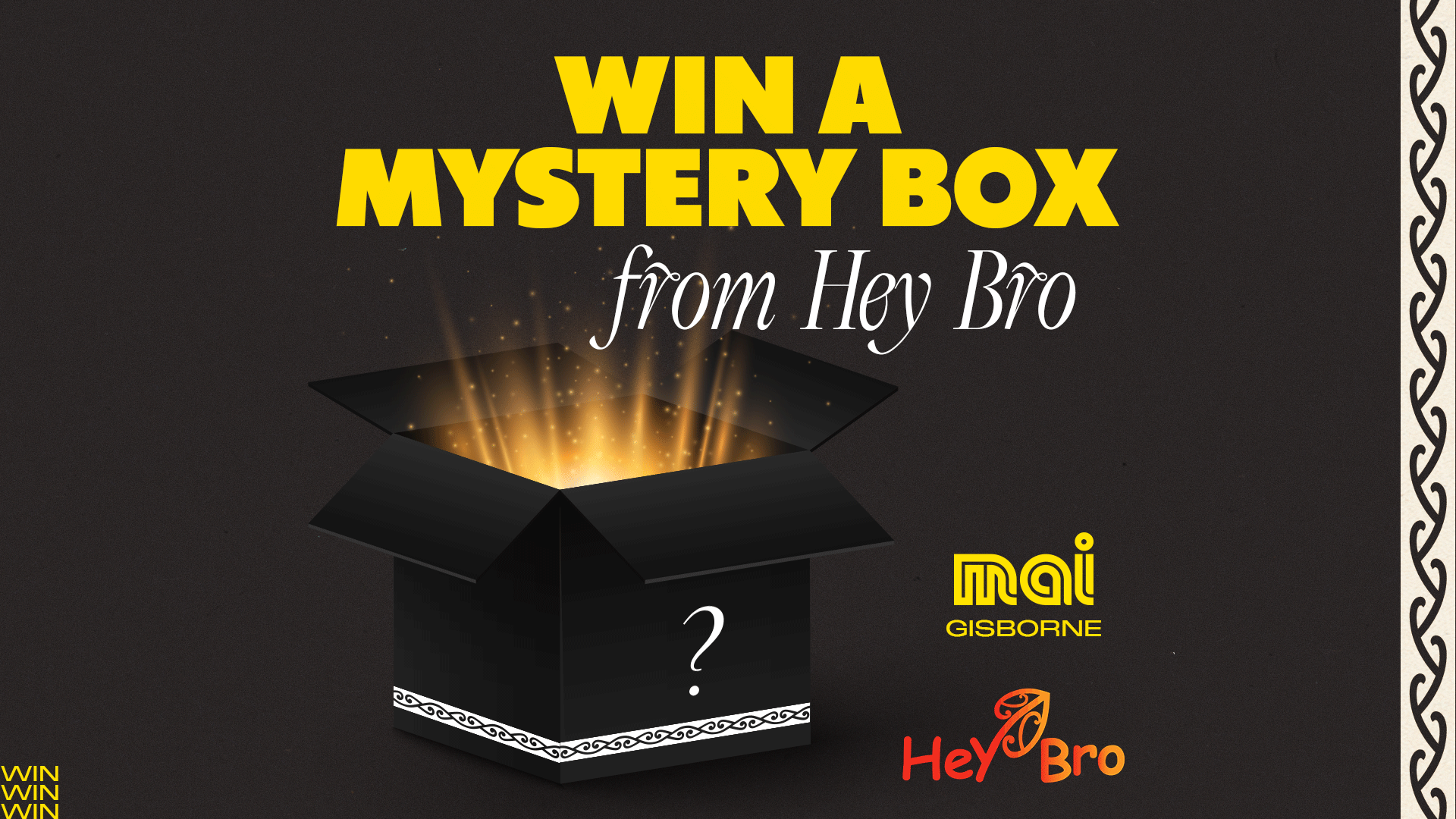 A giveaway graphic features "WIN A MYSTERY BOX from Hey Bro" text, an open black box emitting golden light with a question mark, and logos for Mai Gisborne and Hey Bro on a dark background.