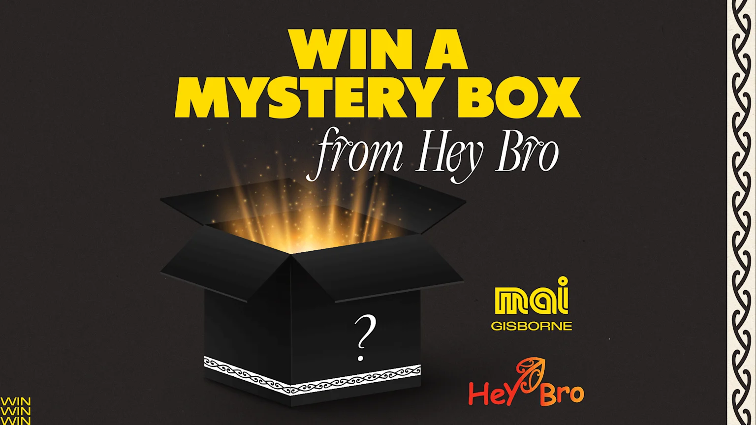 A giveaway graphic features "WIN A MYSTERY BOX from Hey Bro" text, an open black box emitting golden light with a question mark, and logos for Mai Gisborne and Hey Bro on a dark background.