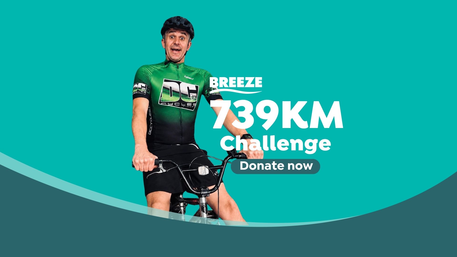 A man in a green "DC Cycles" jersey and helmet sits on a bike with an exaggerated expression, next to text reading "BREEZE 739KM Challenge Donate now" on a teal background.