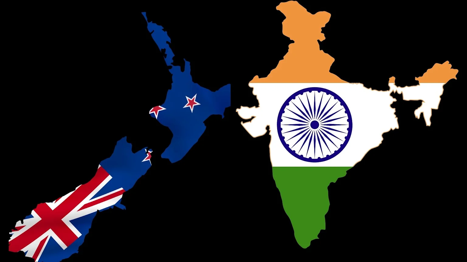 Map outlines of New Zealand, displaying its national flag's elements, are on the left, next to the map outline of India, filled with the Indian flag, all on a black background.
