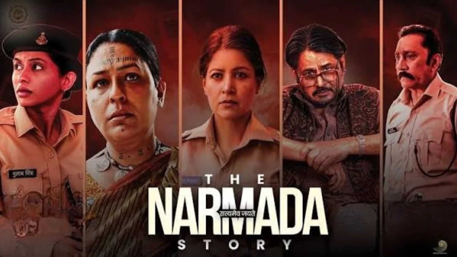 A poster for 'The Narmada Story' shows five characters: a woman in police uniform named Suraksha Singh, a woman with face markings, another woman in police uniform, a man in glasses, and a man in police uniform, with the title text overlayed.