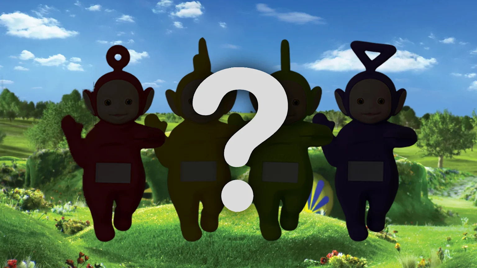 Silhouettes of kids TV show 'Teletubbies' characters with a question mark over top for mystery.