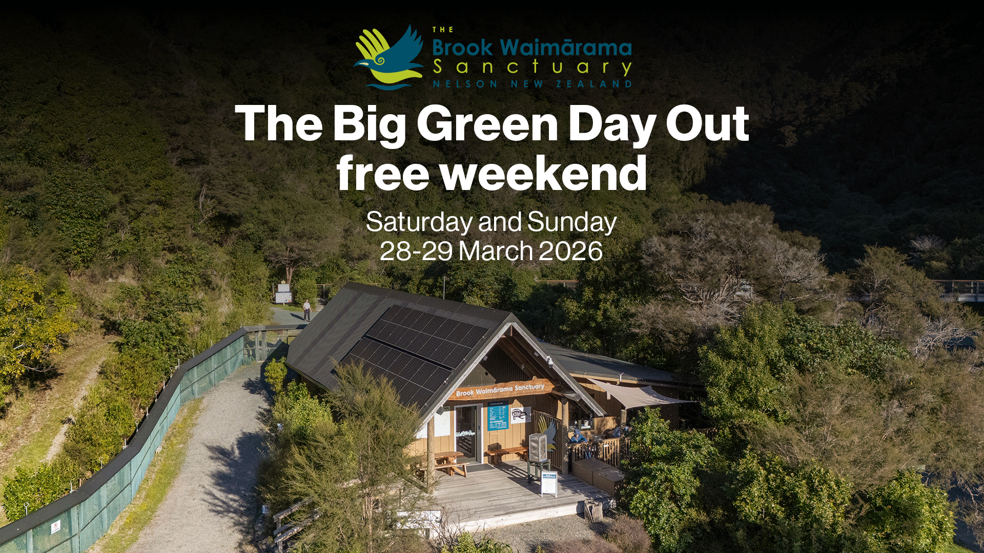 Aerial view of the Brook Waimārama Sanctuary building with solar panels on its roof, surrounded by dense green forest and a path, with event details overlaid on the image.