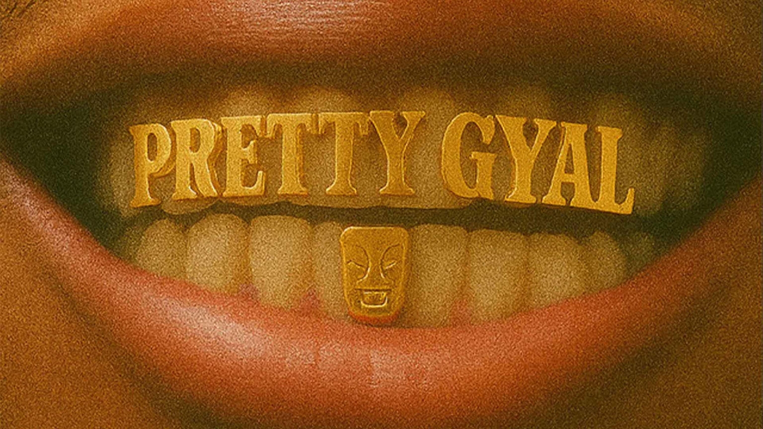 A close-up of a mouth with gold grillz on the teeth. The top grillz spell "PRETTY GYAL," and a bottom front tooth features a gold face symbol.