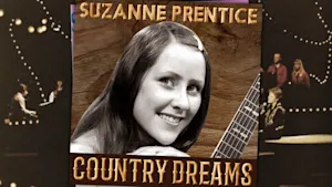 Suzanne Prentice Country Dreams album cover over background of Suzanne performing on stage