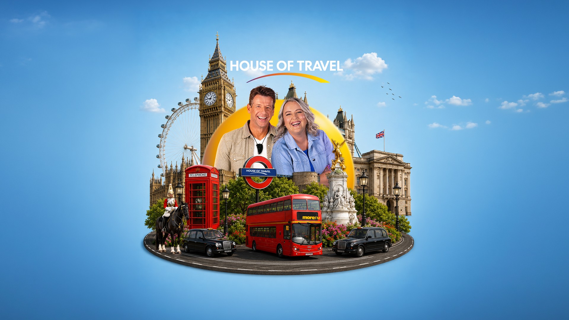 Two smiling people are featured prominently against a vibrant collage of iconic London landmarks like Big Ben, the London Eye, Buckingham Palace, a red double-decker bus, and black cabs, under a blue sky with "HOUSE OF TRAVEL" text.