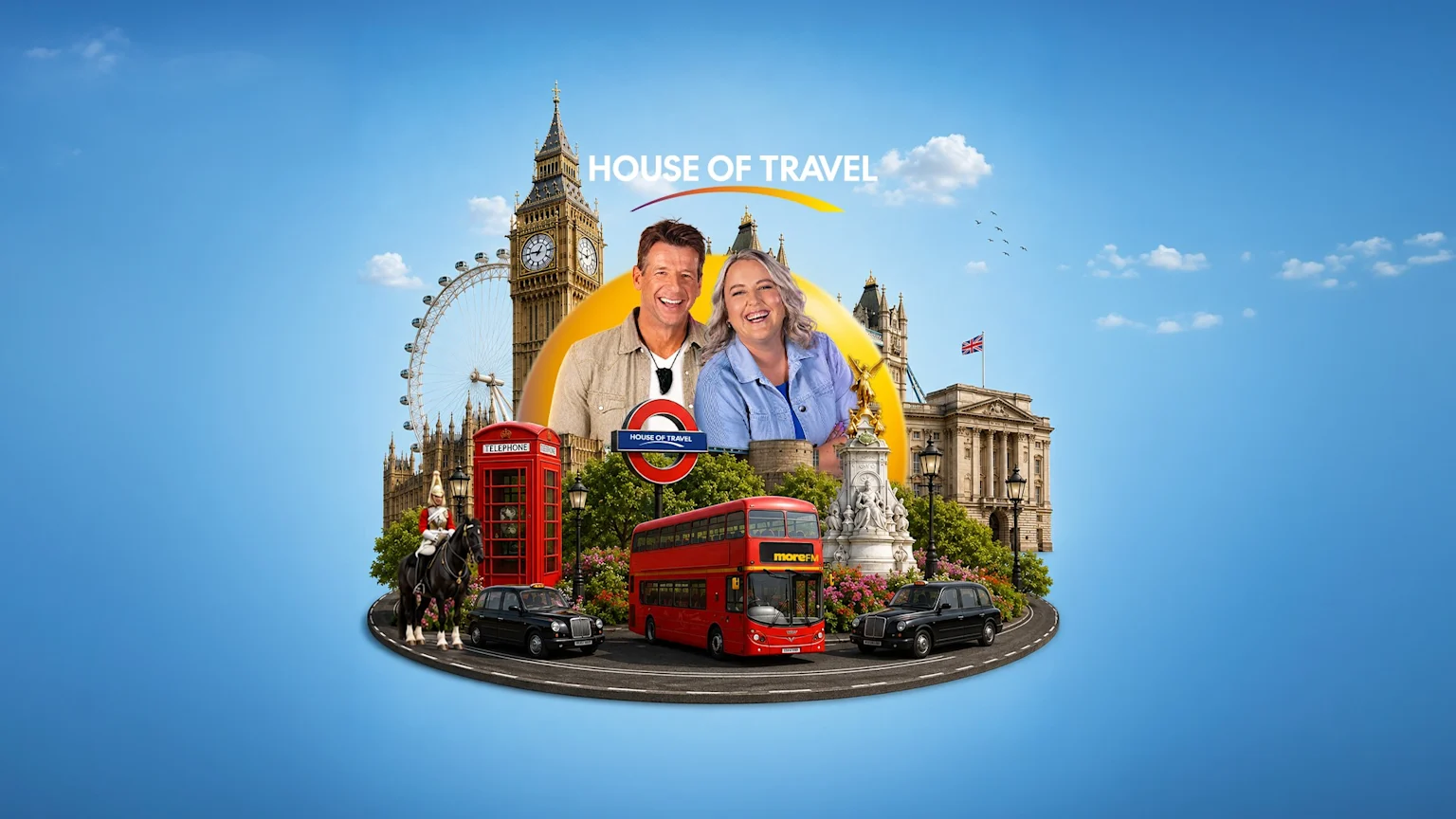 Two smiling people are featured prominently against a vibrant collage of iconic London landmarks like Big Ben, the London Eye, Buckingham Palace, a red double-decker bus, and black cabs, under a blue sky with "HOUSE OF TRAVEL" text.