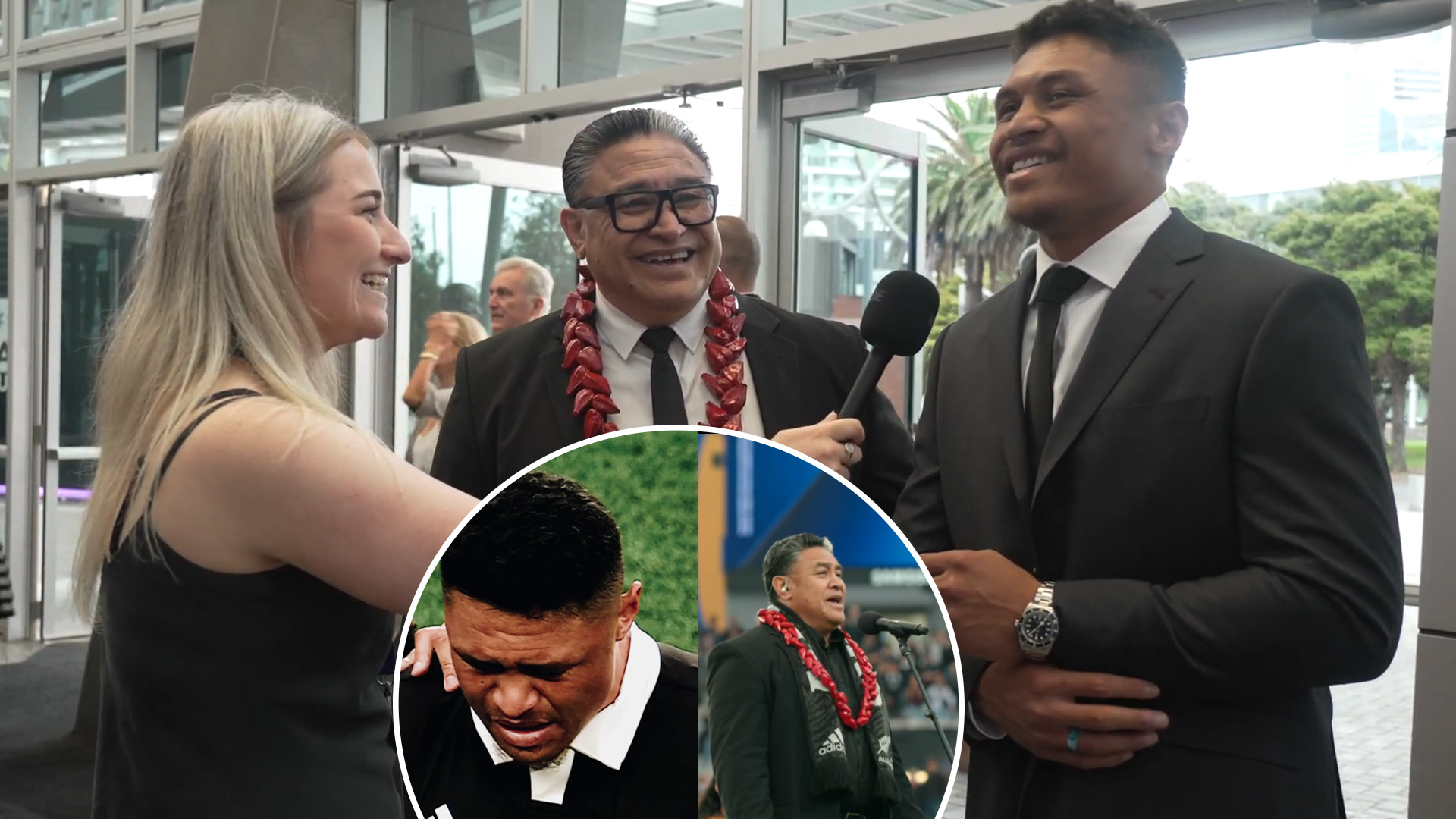This composite image shows three people indoors at an event venue near large glass windows with palm trees visible outside. The older man in a black suit and red lei holds a microphone, smiling during an interview, while the younger man wears a black suit with silver watch and blue ring. Insets show the younger man with a solemn expression on a sports field and the older man performing on stage wearing a black scarf with Adidas and All Blacks logos.