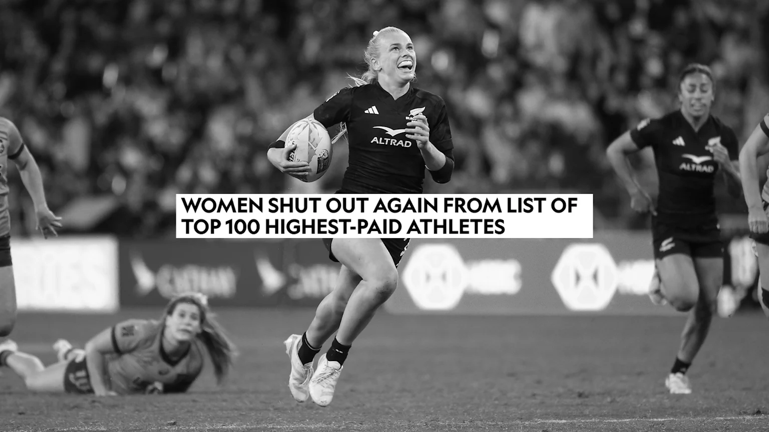 Picture of Black Fern Jorja Miller with unfortunate screenshot of headline in front of her, describing how women were shut out from the top 100 list again.