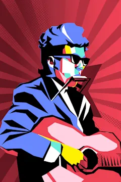 Bob Dylan illustration against a starry red background