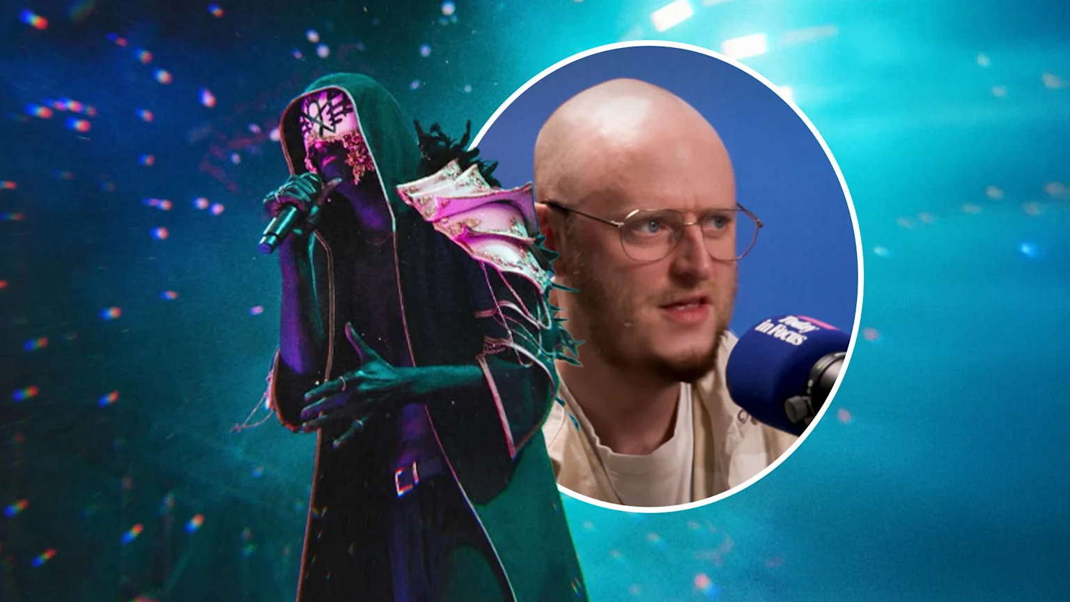 Picture of sleep token member singing on stage, with image of criticising British podcaster in a circle next to him.