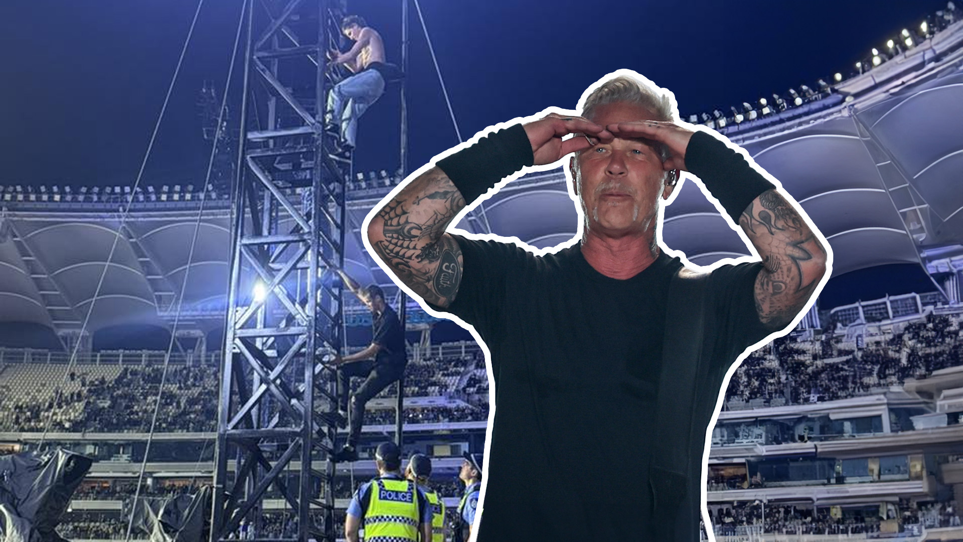 Two men climbing the tower at Optus Stadium, police waiting for them at the bottom, James Hetfield