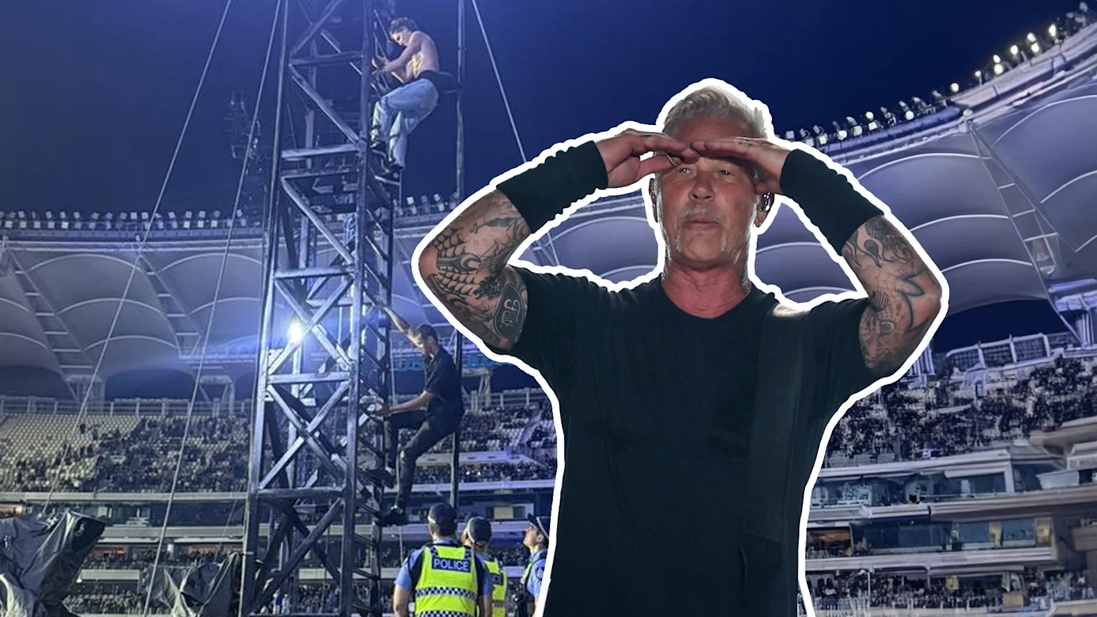 Two men climbing the tower at Optus Stadium, police waiting for them at the bottom, James Hetfield