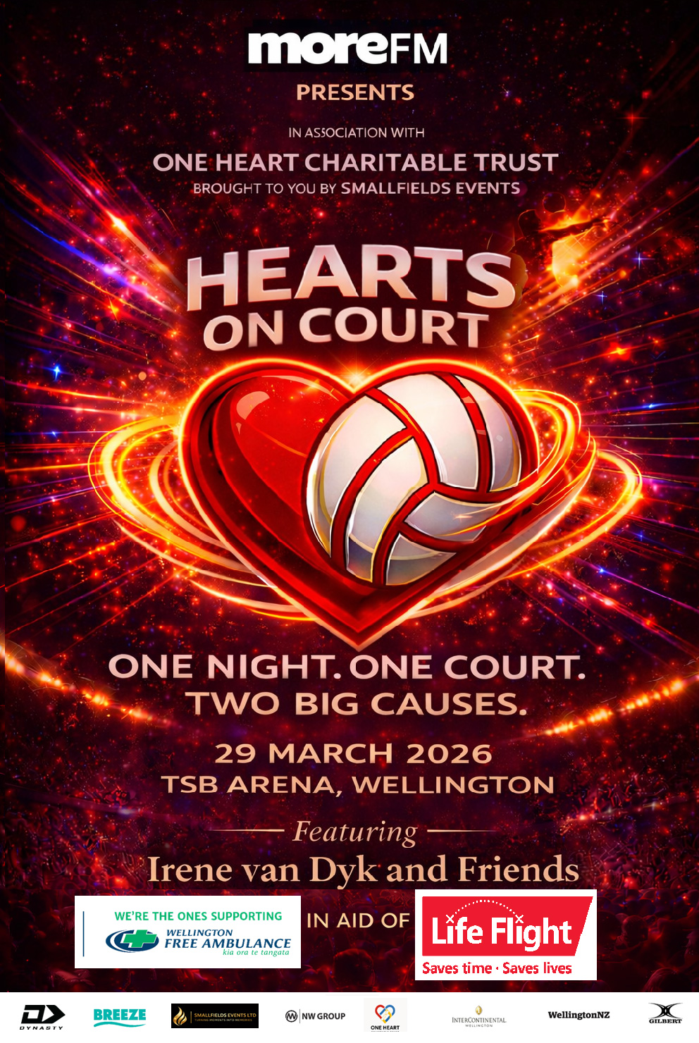 Hearts on Court poster with bright netball inside a heart